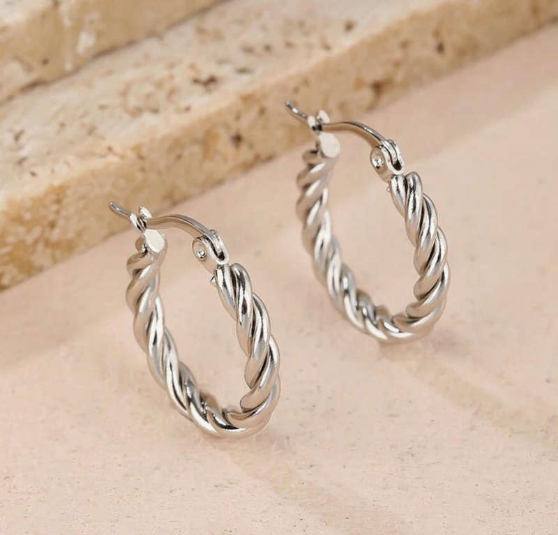 Silver Plated Non Tarnish Stainless Steel Corded Hoop Earrings
