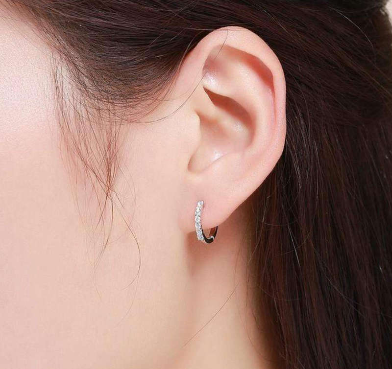 925 Silver Tiny Single Row Crystal Huggie Hoop Earrings in Velvet Jewellery Box