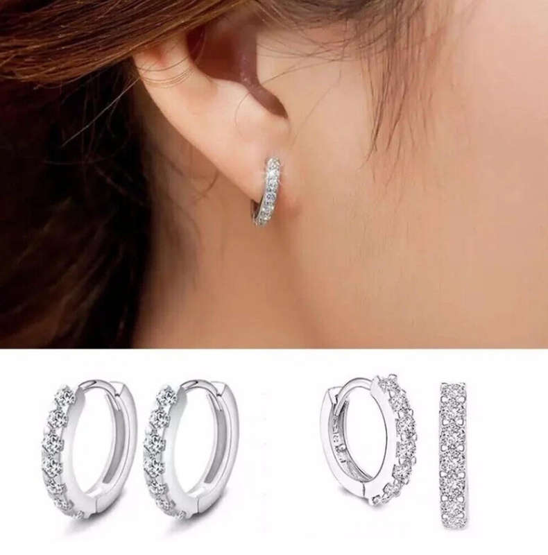 925 Silver Tiny Single Row Crystal Huggie Hoop Earrings in Velvet Jewellery Box