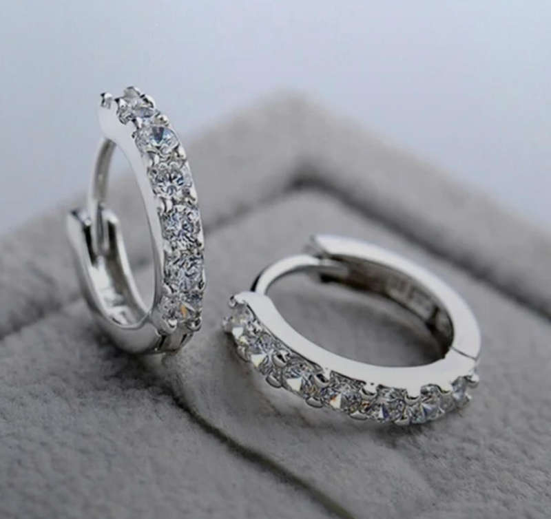 925 Silver Tiny Single Row Crystal Huggie Hoop Earrings in Velvet Jewellery Box