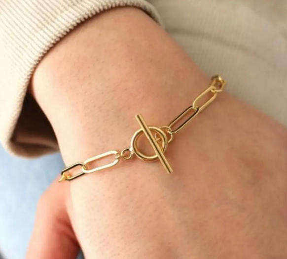 Waterproof Gold Plated T-Bar Paperclip Bracelet - Hypoallergenic Stainless Steel