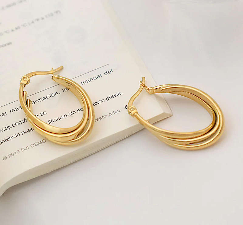 Gold Plated Non Tarnish Stainless Steel Tri Oval  Earrings