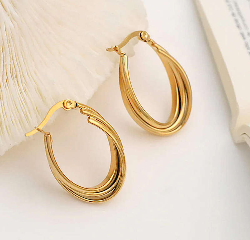 Gold Plated Non Tarnish Stainless Steel Tri Oval  Earrings