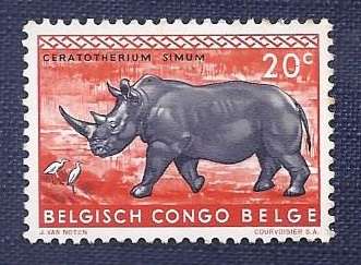 Belgian Congo/1959/Definitive Issues - Animals  White Rhinoceros 20c uhm