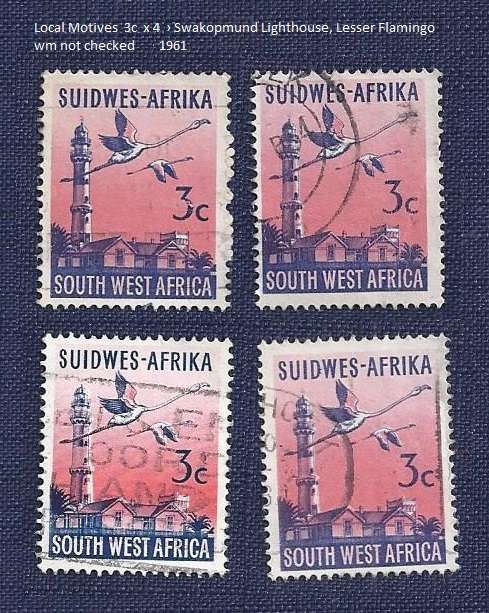 SWA .1961 .Local Motives  3c  x 4   Swakopmund Lighthouse, Lesser Flamingo  wm not checked