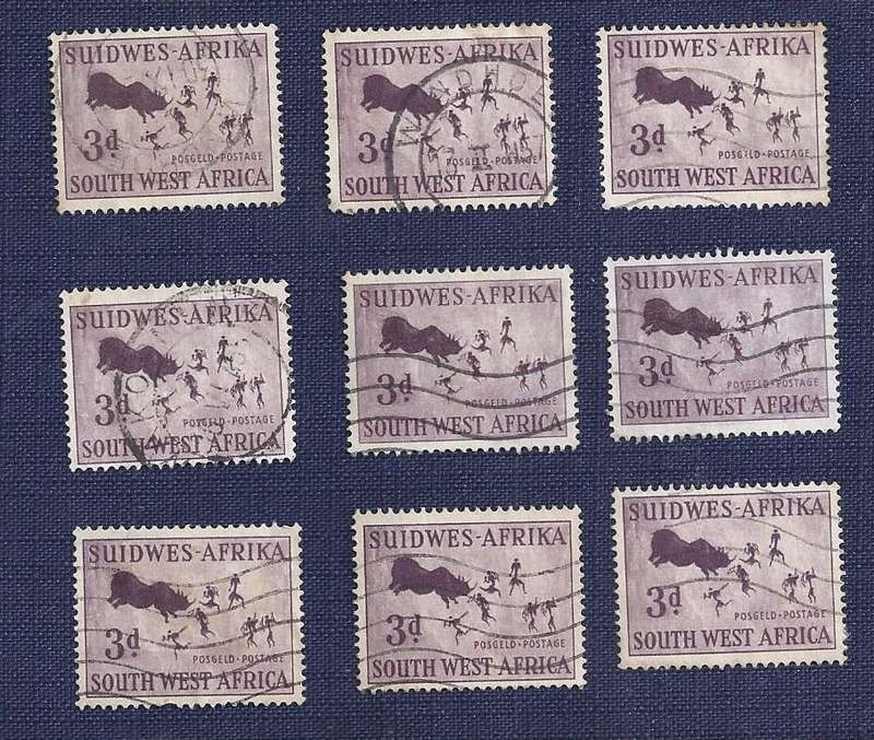 SWA/1954  .Rock Carvings,  3d    Rhinoceros Hunt  x  9 stamps