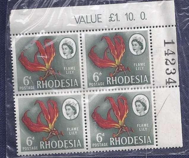 Rhodesian1966.Local Motives Flame Lily 6d Unhinged Corner Block 14234