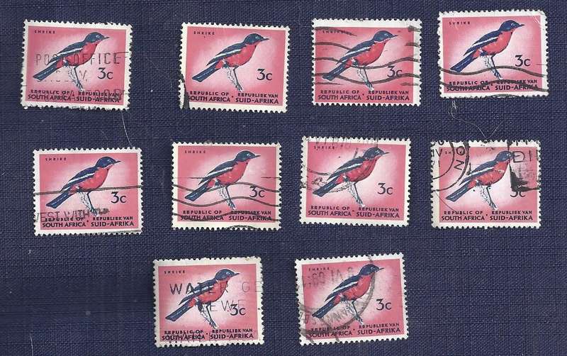 RSA. 1973. Definitive Issue - Crimson-breasted Shrike 3c (x 10)