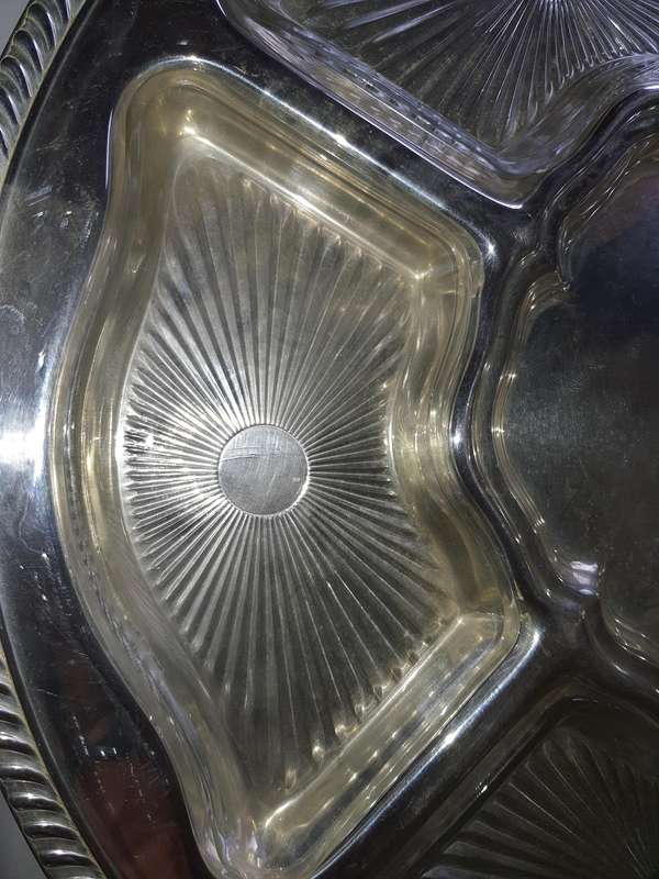 A VINTAGE SILVER PLATED LAZY SUZAN WITH GLASS INSERTS