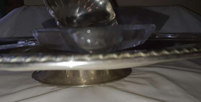 A VINTAGE SILVER PLATED LAZY SUZAN WITH GLASS INSERTS