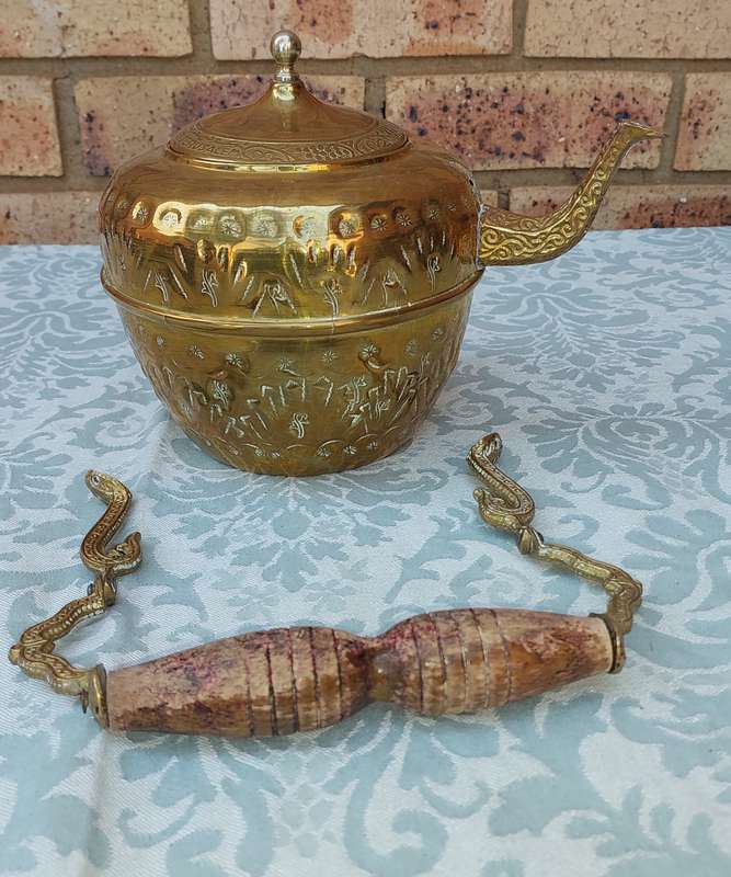 AN ART DECOR BRASS KETTLE HANDLE NEEDS TO BE RIVETTED ON THE BODY