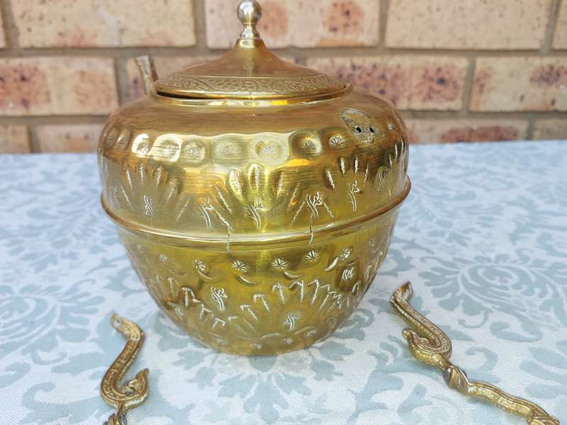 AN ART DECOR BRASS KETTLE HANDLE NEEDS TO BE RIVETTED ON THE BODY