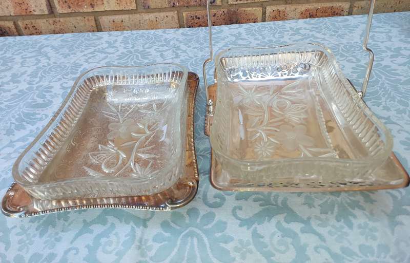 TWO VINTAGE EDWARDIAN STYLE SILVER PLATED WITH GLASS INSERTS SERVING TRAYS