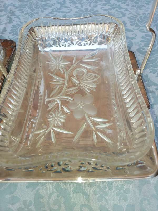 TWO VINTAGE EDWARDIAN STYLE SILVER PLATED WITH GLASS INSERTS SERVING TRAYS