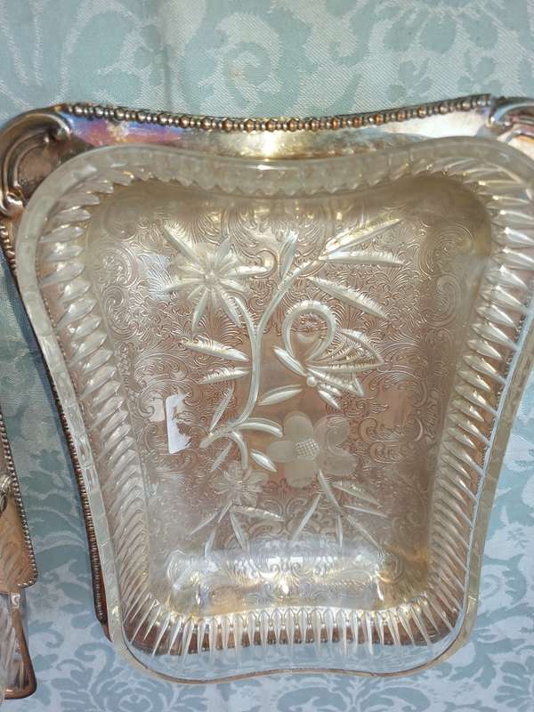 TWO VINTAGE EDWARDIAN STYLE SILVER PLATED WITH GLASS INSERTS SERVING TRAYS