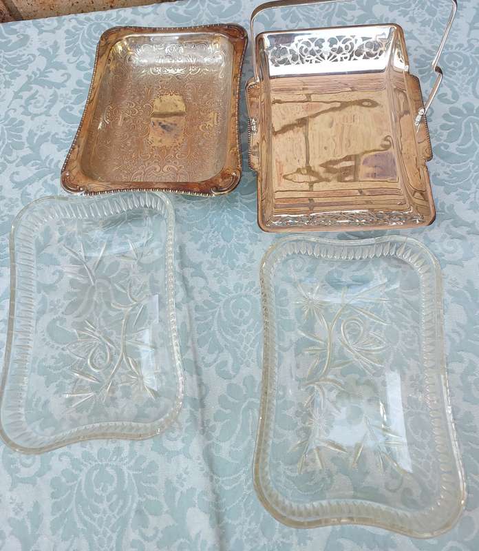 TWO VINTAGE EDWARDIAN STYLE SILVER PLATED WITH GLASS INSERTS SERVING TRAYS
