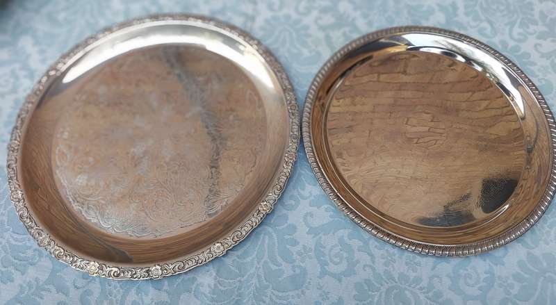 TWO VINTAGE SERVING TRAYS SILVER PLATED SOLD AS IS