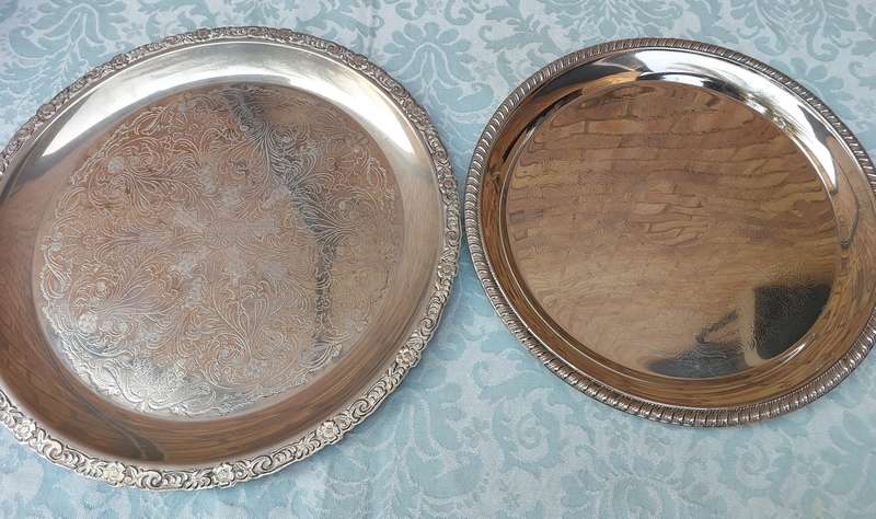 TWO VINTAGE SERVING TRAYS SILVER PLATED SOLD AS IS