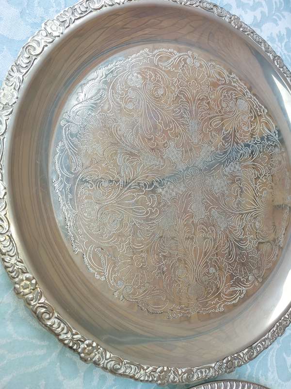 TWO VINTAGE SERVING TRAYS SILVER PLATED SOLD AS IS