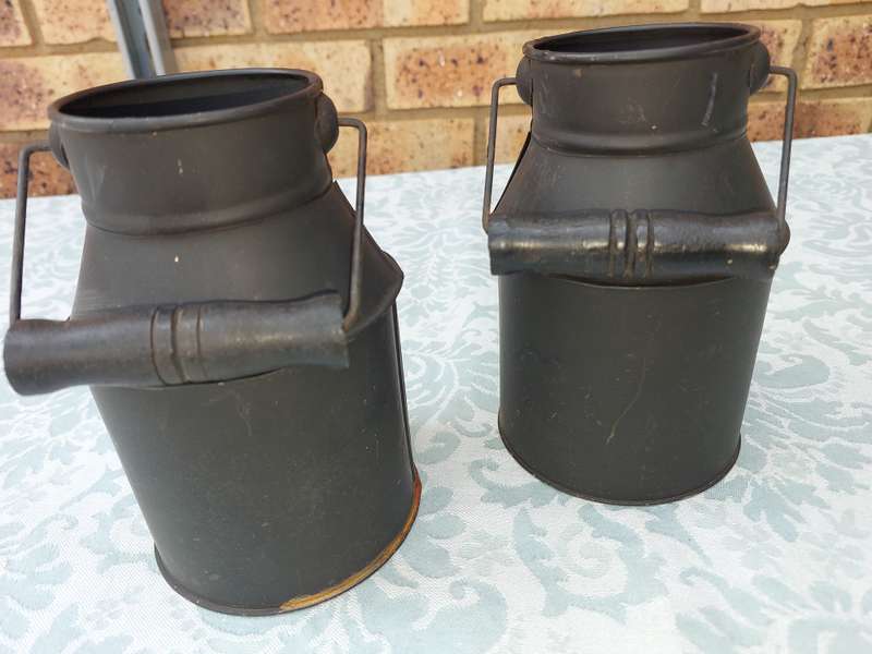 TWO GARDEN DECORATIVE MINIATURE MILK CANS