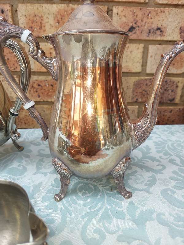 AN ANTIQUE SILVER PLATED TEA JUG SET VICTORIAN STYLE