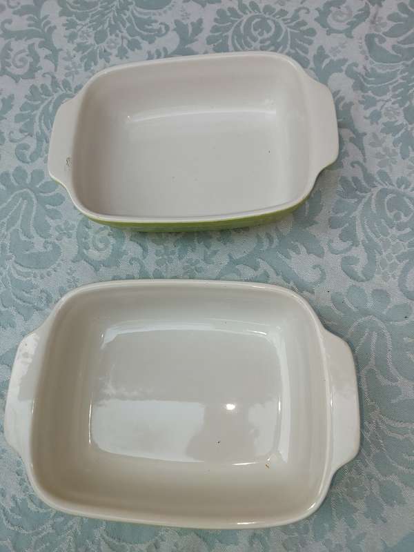 TWO GREEN COLOURED STONEWAREOVEN PROOF LAZANIA DISHES