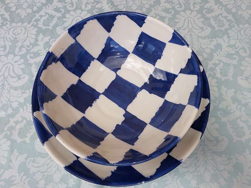 TWO CHECKERED ART DECOR SERVING BOWLS SOLD AS IS