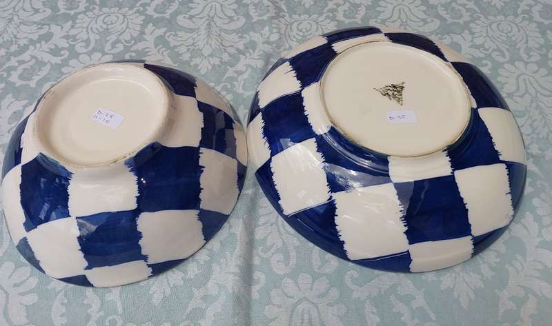 TWO CHECKERED ART DECOR SERVING BOWLS SOLD AS IS