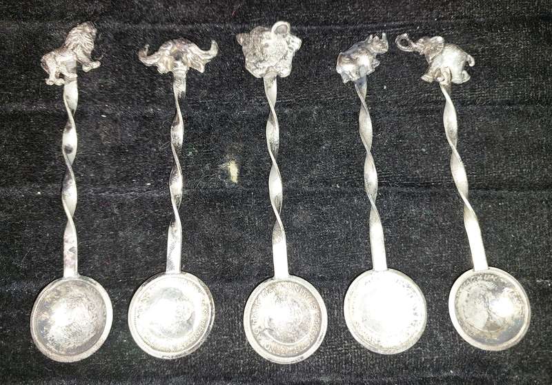 A VINTAGE SET OF BIG FIVE SOUTH AFRICAN HALF-CENT COIN SPOONS