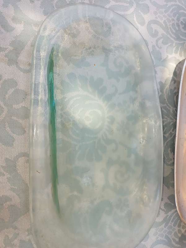 AN ART DECOR CAROL BOYES STYLE SERVING TRAY ALUMINUM ALLOY WITH A FROSTED GLASS INNER