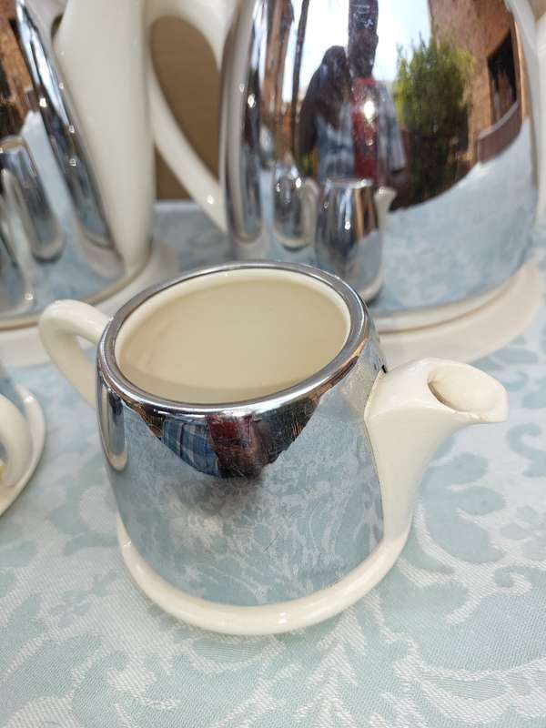 AN ANTIQUE TEA JUG SET MADE IN ENGLAND CERAMIC WITH SILVER PLATED COVERS SOLD AS