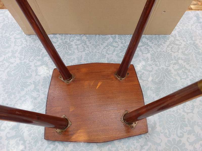 A VINTAGE DANISH-STYLE WOODEN SIDE TABLE WITH BRASS FOOTED LEGS