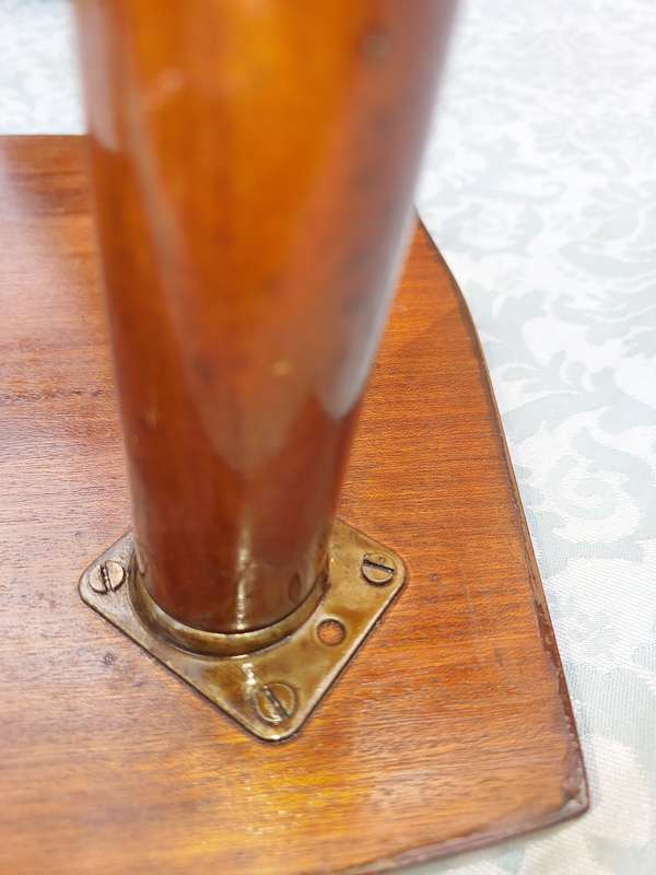 A VINTAGE DANISH-STYLE WOODEN SIDE TABLE WITH BRASS FOOTED LEGS