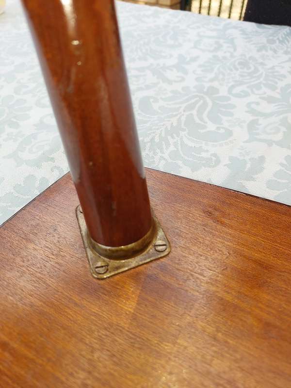 A VINTAGE DANISH-STYLE WOODEN SIDE TABLE WITH BRASS FOOTED LEGS