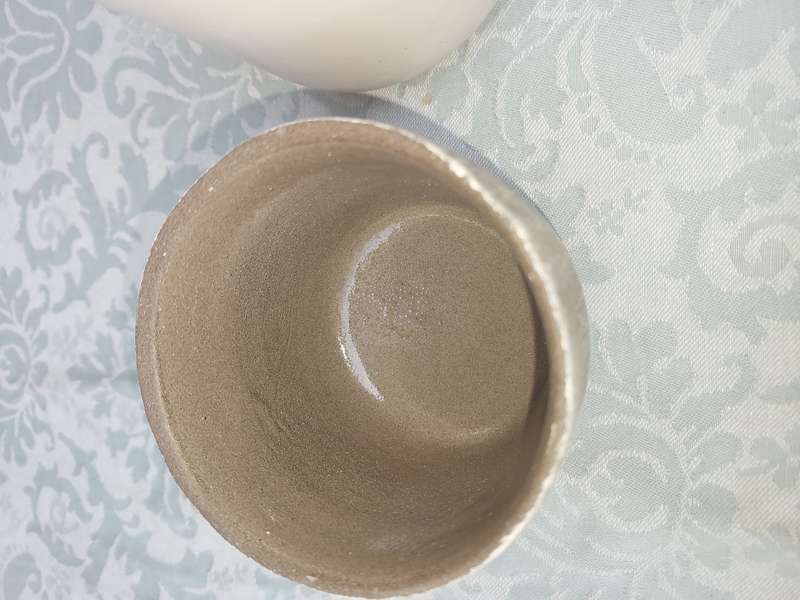 TWO CERAMIC POTS AND A GLASS FLOWER POT SOLD AS IS