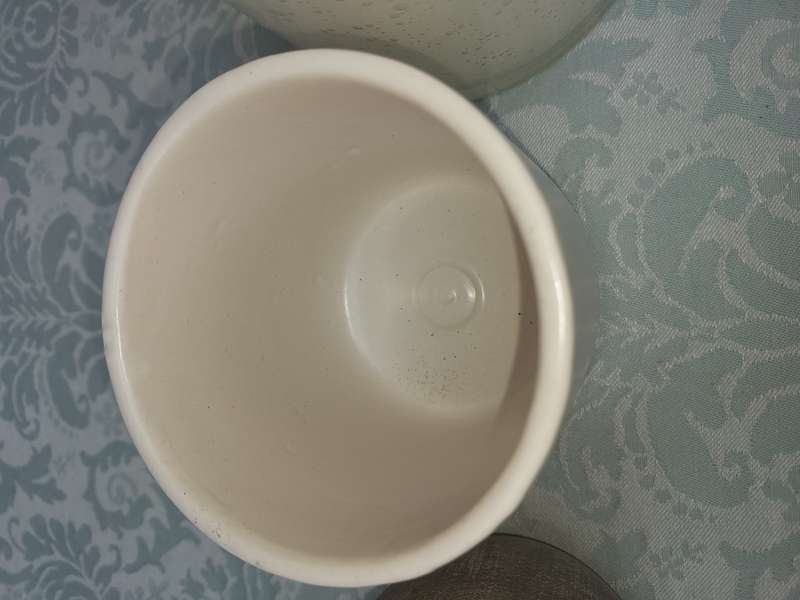 TWO CERAMIC POTS AND A GLASS FLOWER POT SOLD AS IS