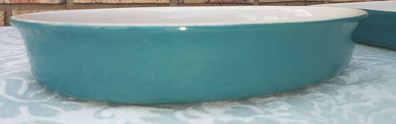 TWO GREEN OVEN PROOF BAKING CASSEROLES