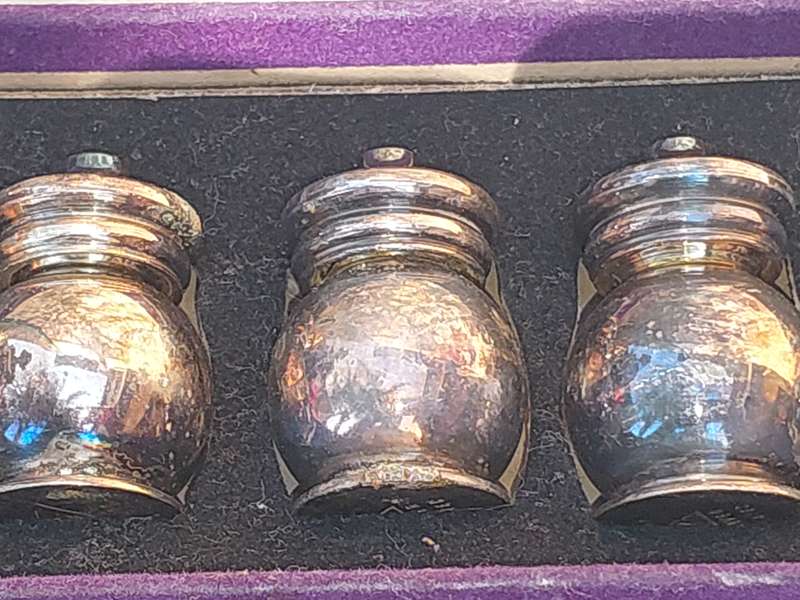 A SET OF 6 ANTIQUE EPNS SALT AND PEPPER DISPENSERS