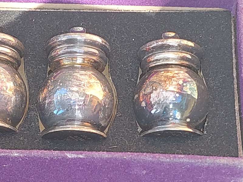 A SET OF 6 ANTIQUE EPNS SALT AND PEPPER DISPENSERS