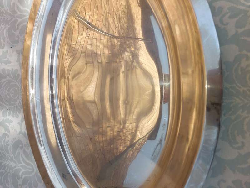 AN OVAL ELEGANT STAINLESS STEEL SERVING TRAY WITH WOODEN HANDLES
