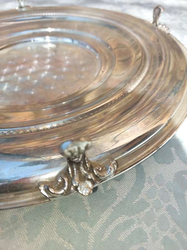 TWO VINTAGE SILVER PLATED ON COPPER HOT PLATTER BASE TRAYS