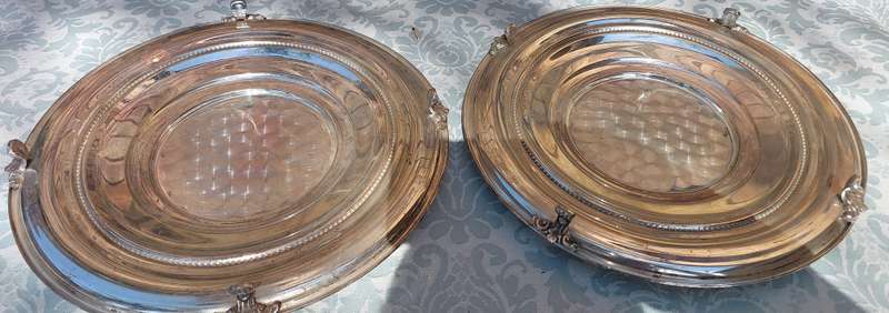 TWO VINTAGE SILVER PLATED ON COPPER HOT PLATTER BASE TRAYS