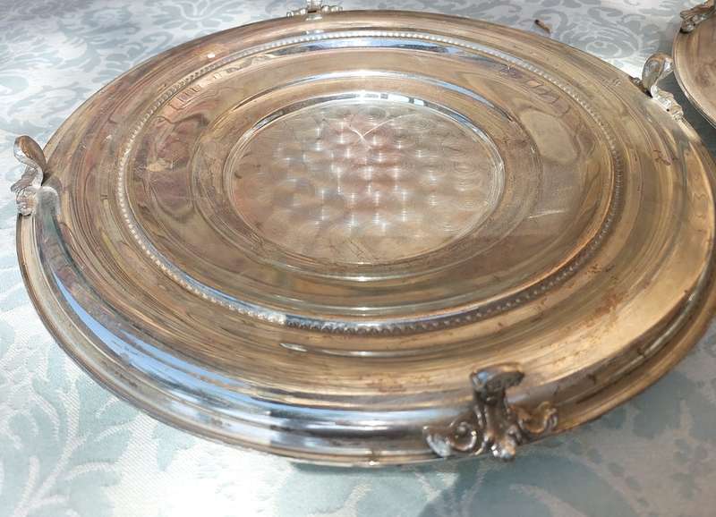 TWO VINTAGE SILVER PLATED ON COPPER HOT PLATTER BASE TRAYS