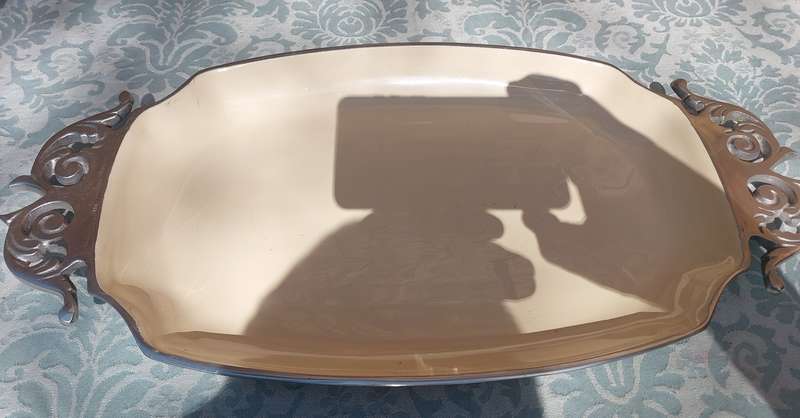 AN ART DECOR PEWTAL WITH ENAMEL COATING SERVING TRAY/PLATTER