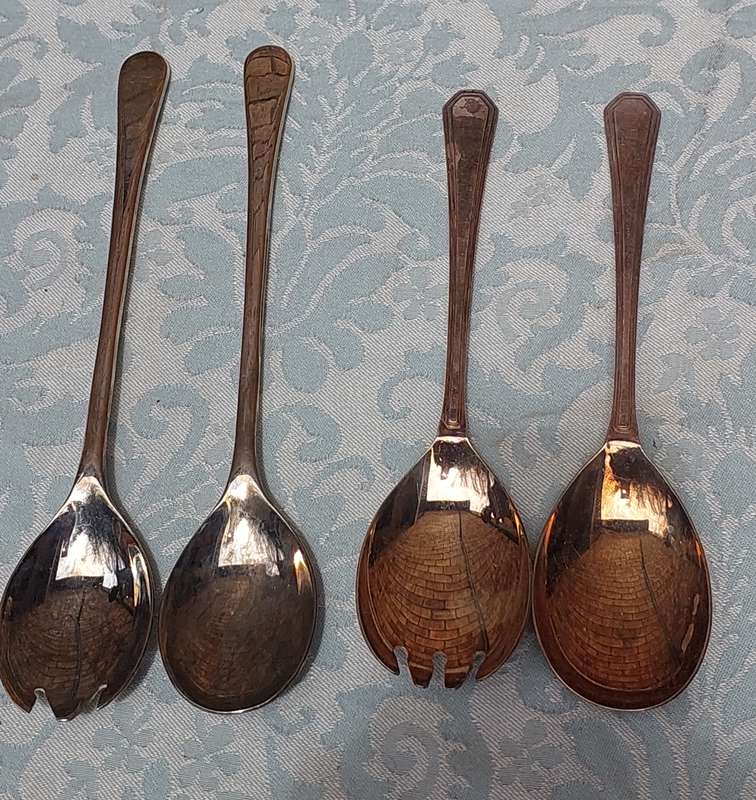 TWO SETS OF SILVER PLATED SALAD LADELS SOLD AS IS