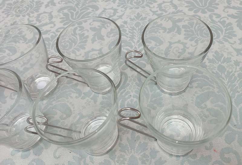 8 Glass tea mugs, tea cups or coffee cups, metal handle, Bormioli Rocco 1980s SOLD AS IS