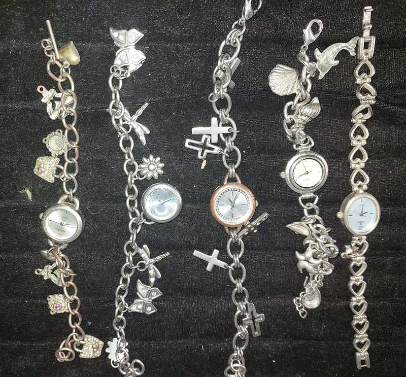 A JOBLOT BRACELET WATCHES AND CHARMS SILVER PLATE SOLD AS IS