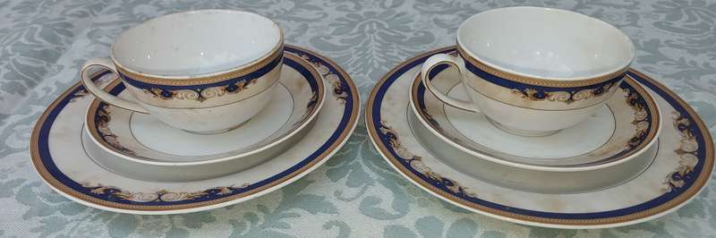 A VINTAGE ESCHENBACH PORZELLAN GERMANY BLUE TRIM TRIO SOLD AS IS