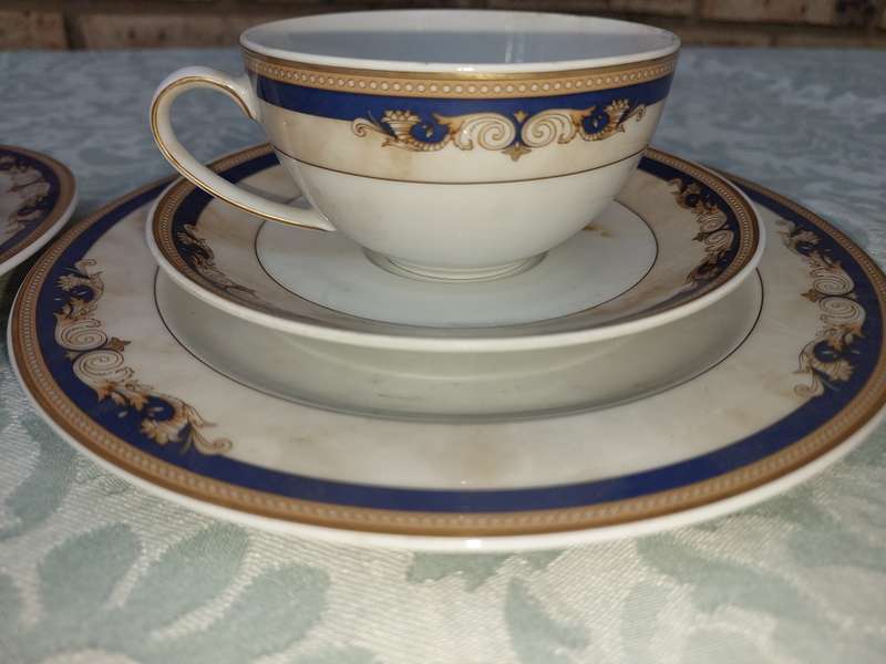 A VINTAGE ESCHENBACH PORZELLAN GERMANY BLUE TRIM TRIO SOLD AS IS
