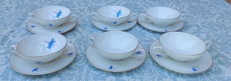 SET 06 SIX VINTAGE FLORAL DESIGN KPM KRISTER GERMANY III 100F4 SOUP BOWLS AND SAUCERS SOLD AS IS
